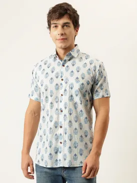 Millennial Men Blue White Printed Cotton Half Sleeve Shirts