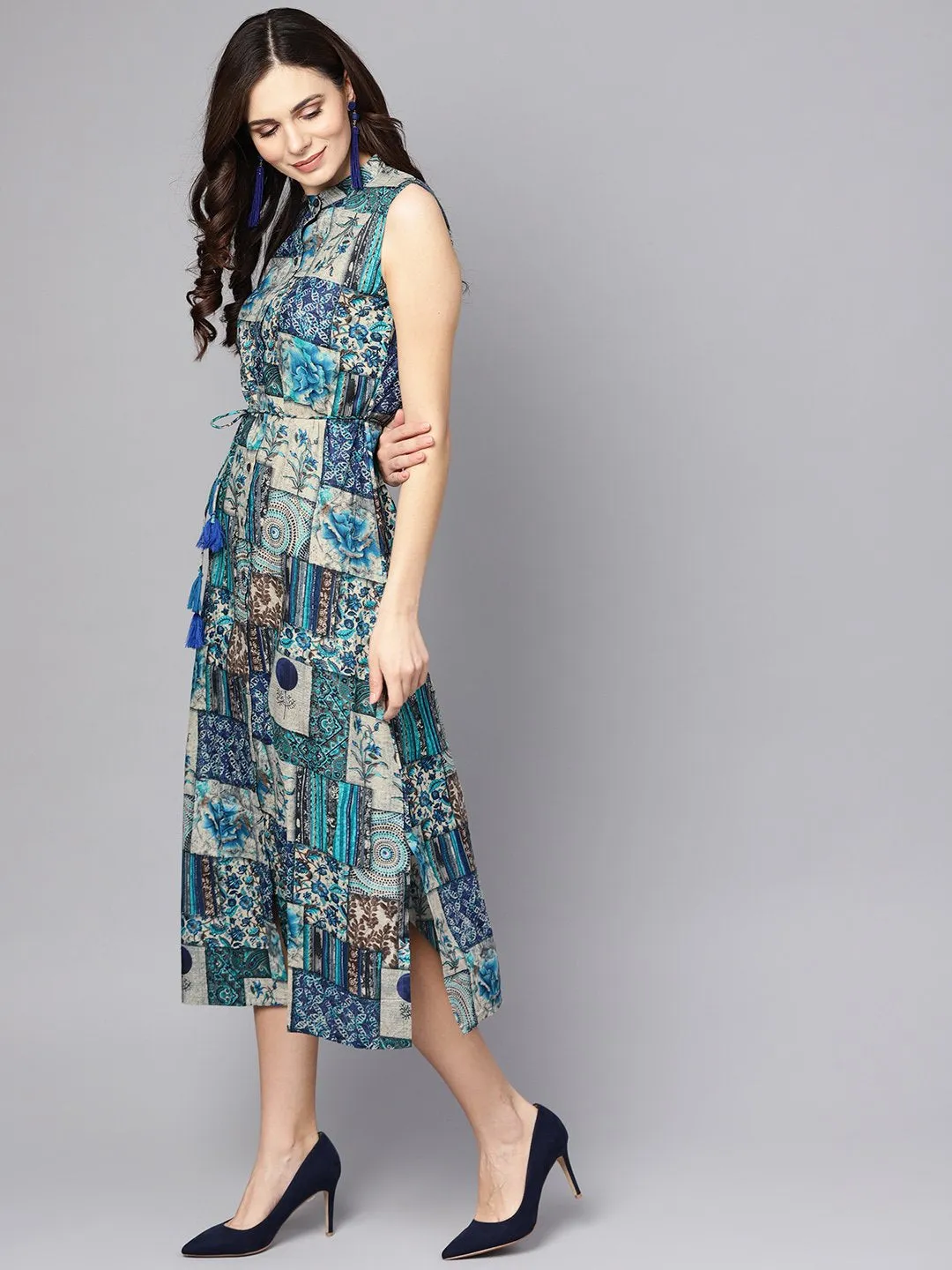 Multi Colored Ankle Length Dress With Madarin Collar