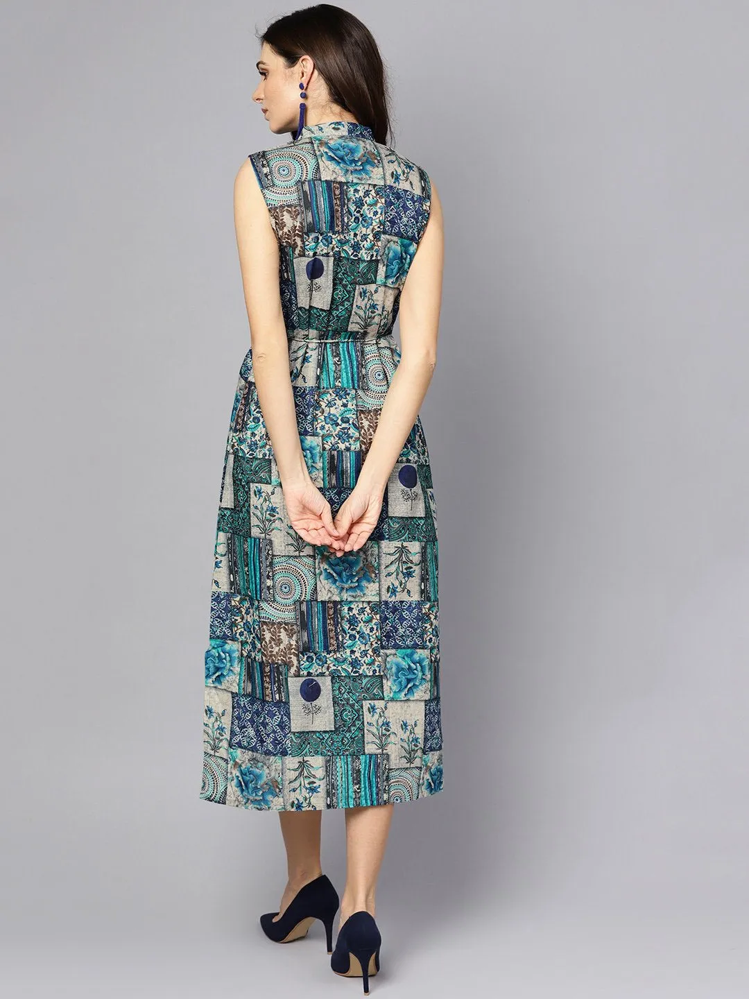 Multi Colored Ankle Length Dress With Madarin Collar