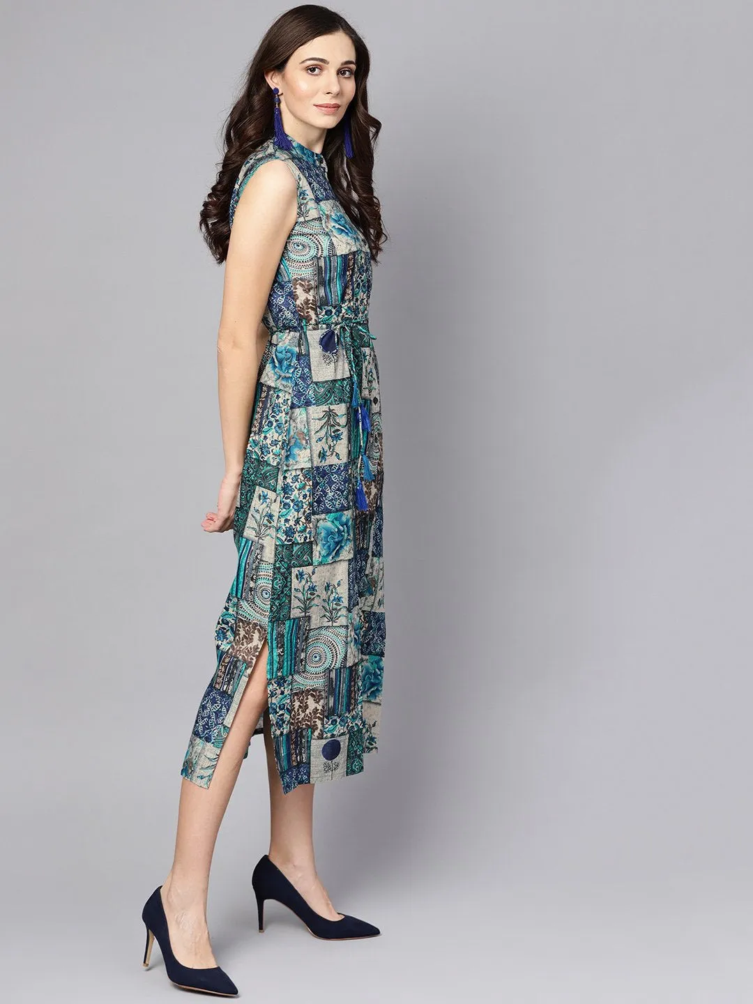 Multi Colored Ankle Length Dress With Madarin Collar