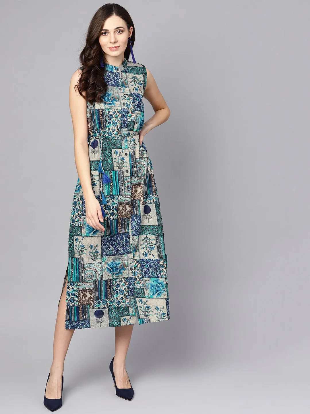 Multi Colored Ankle Length Dress With Madarin Collar