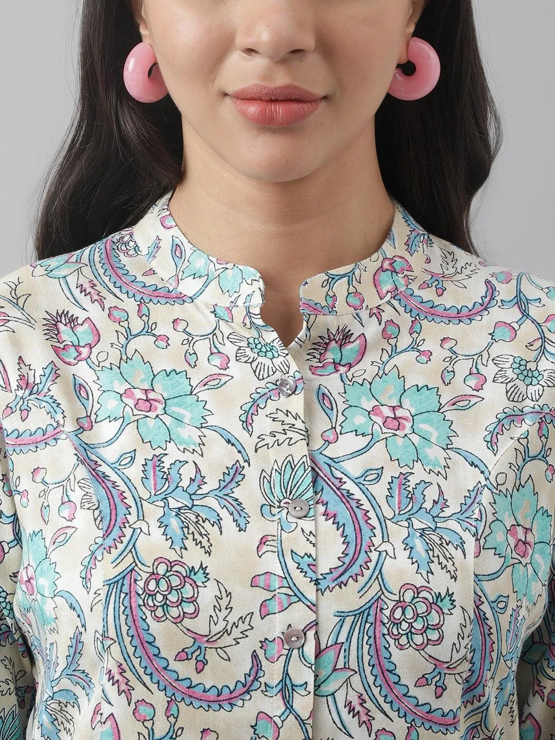 Multi Colored Floral Printed Rayon A-Line Shirt Style Top