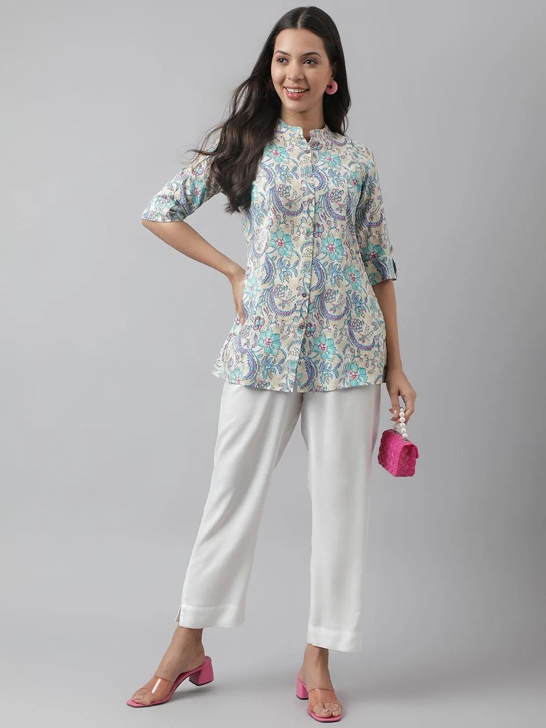 Multi Colored Floral Printed Rayon A-Line Shirt Style Top