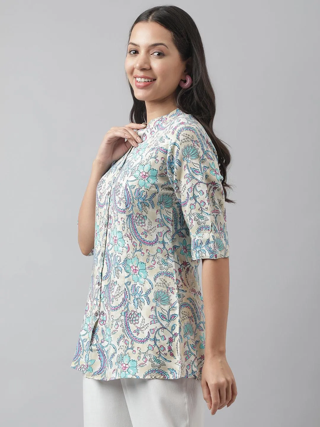 Multi Colored Floral Printed Rayon A-Line Shirt Style Top