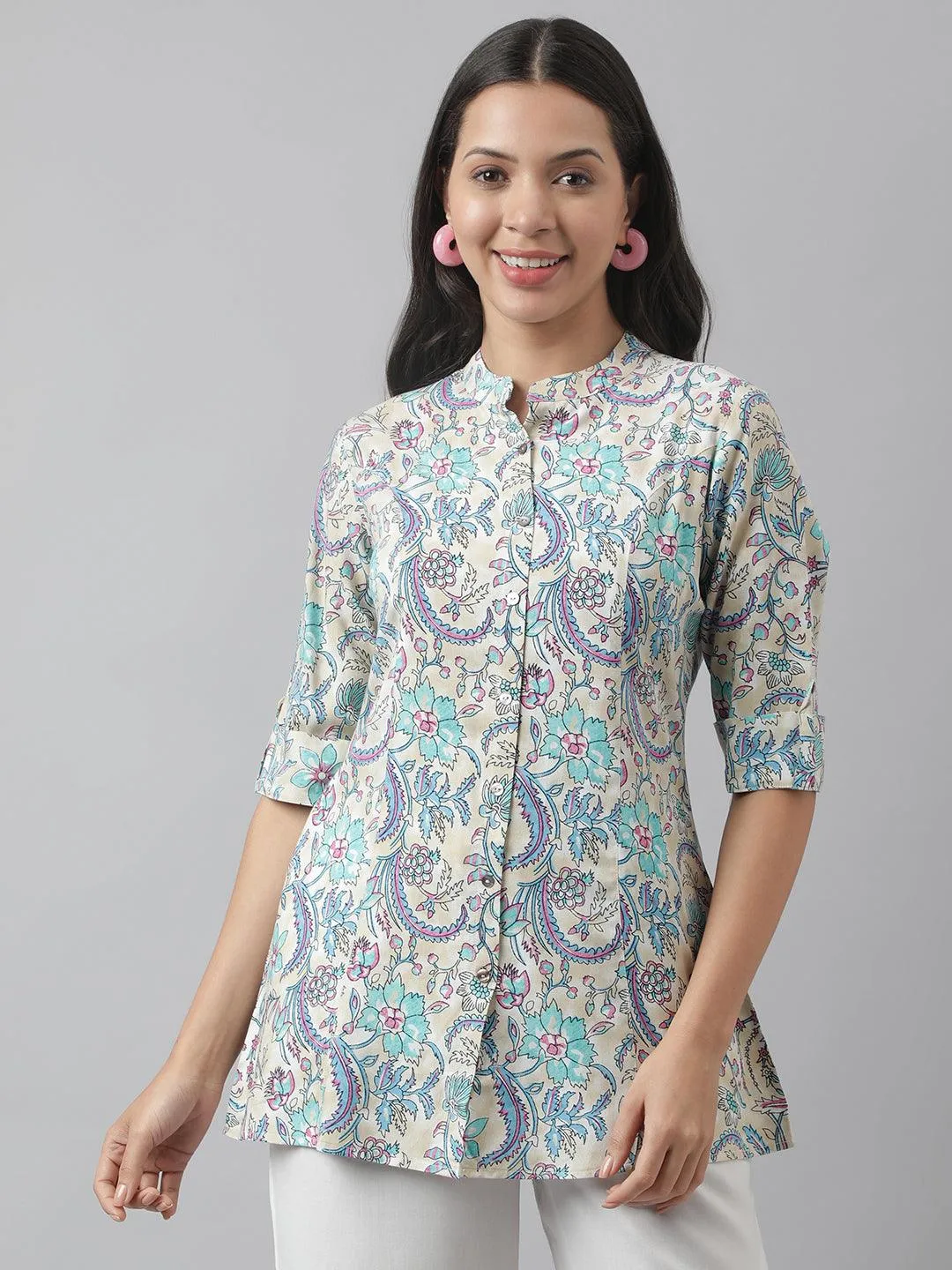 Multi Colored Floral Printed Rayon A-Line Shirt Style Top