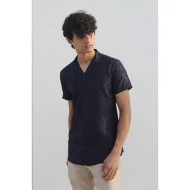 Navy Textured Cuban Shirt