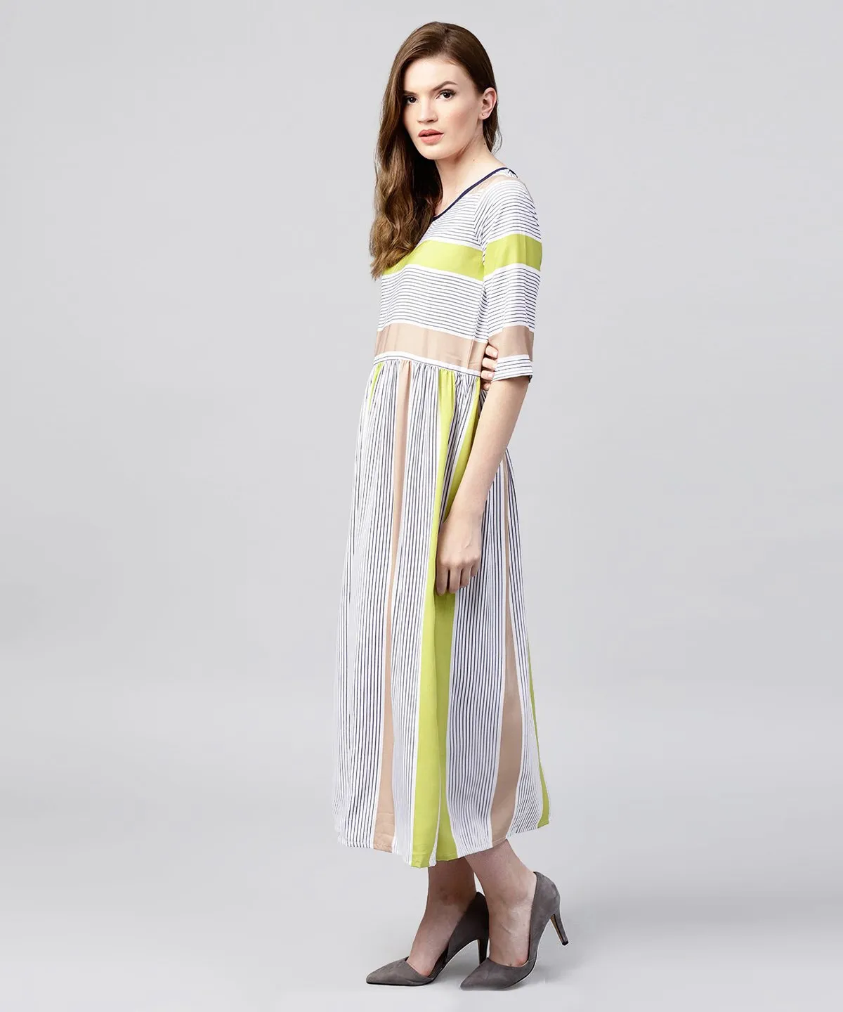 Off White Half Sleeve Striped Crepe Maxi Dress