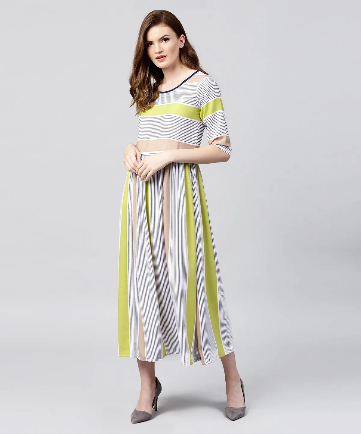 Off White Half Sleeve Striped Crepe Maxi Dress