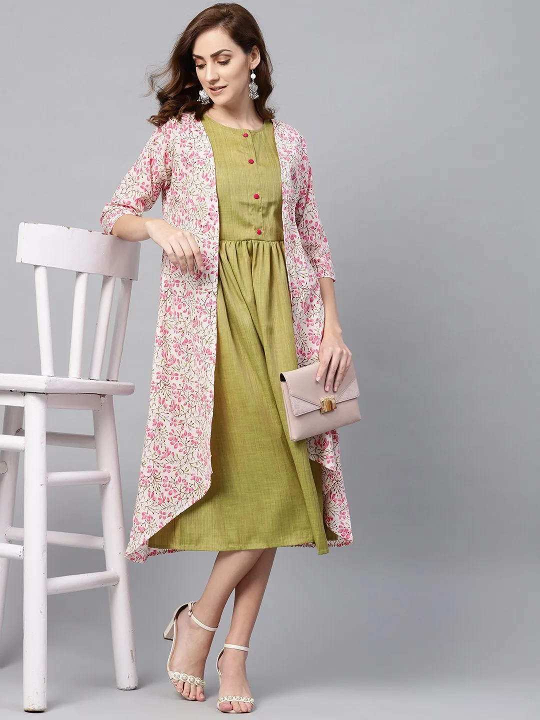 Olive Green A-Line Dress With White Floral Printed Jacket