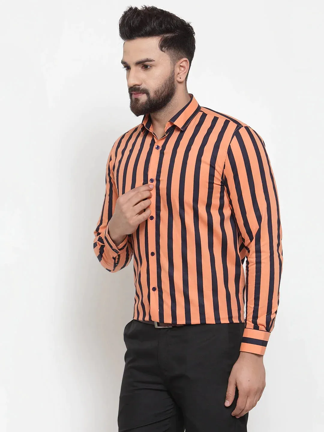 Orange Men'S Cotton Striped Formal Shirts