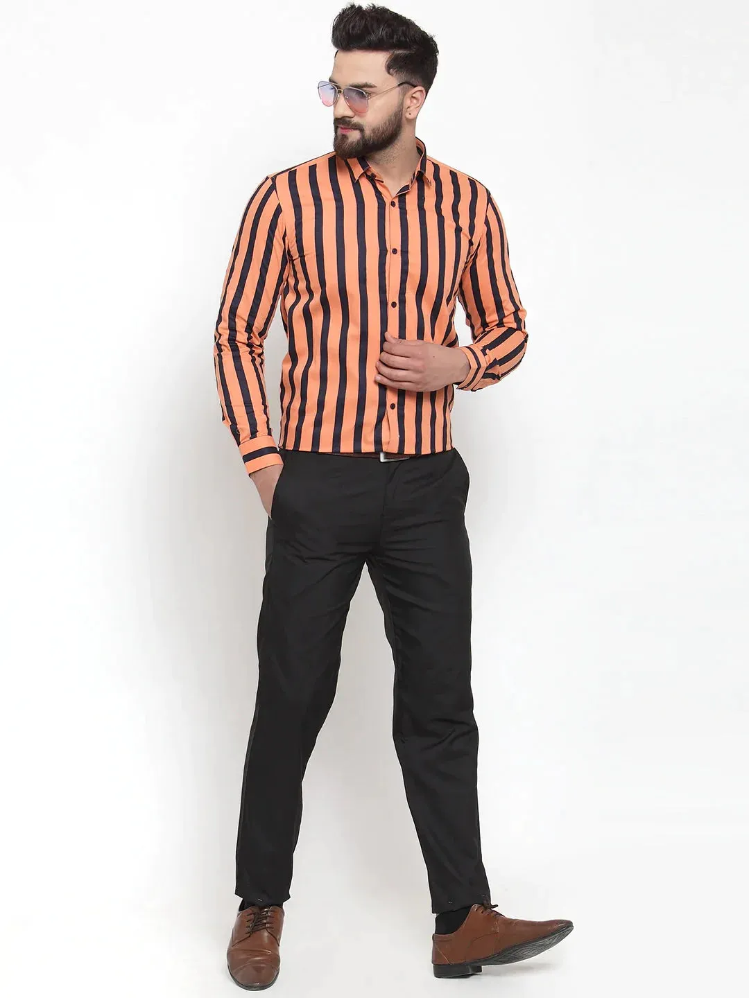 Orange Men'S Cotton Striped Formal Shirts