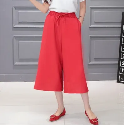 Pants Women 2017 Summer Seven Pants Casual High Waist Elastic Wide Leg Pants Chiffon Solid Fashion Trousers Plus Size XL 5 Color