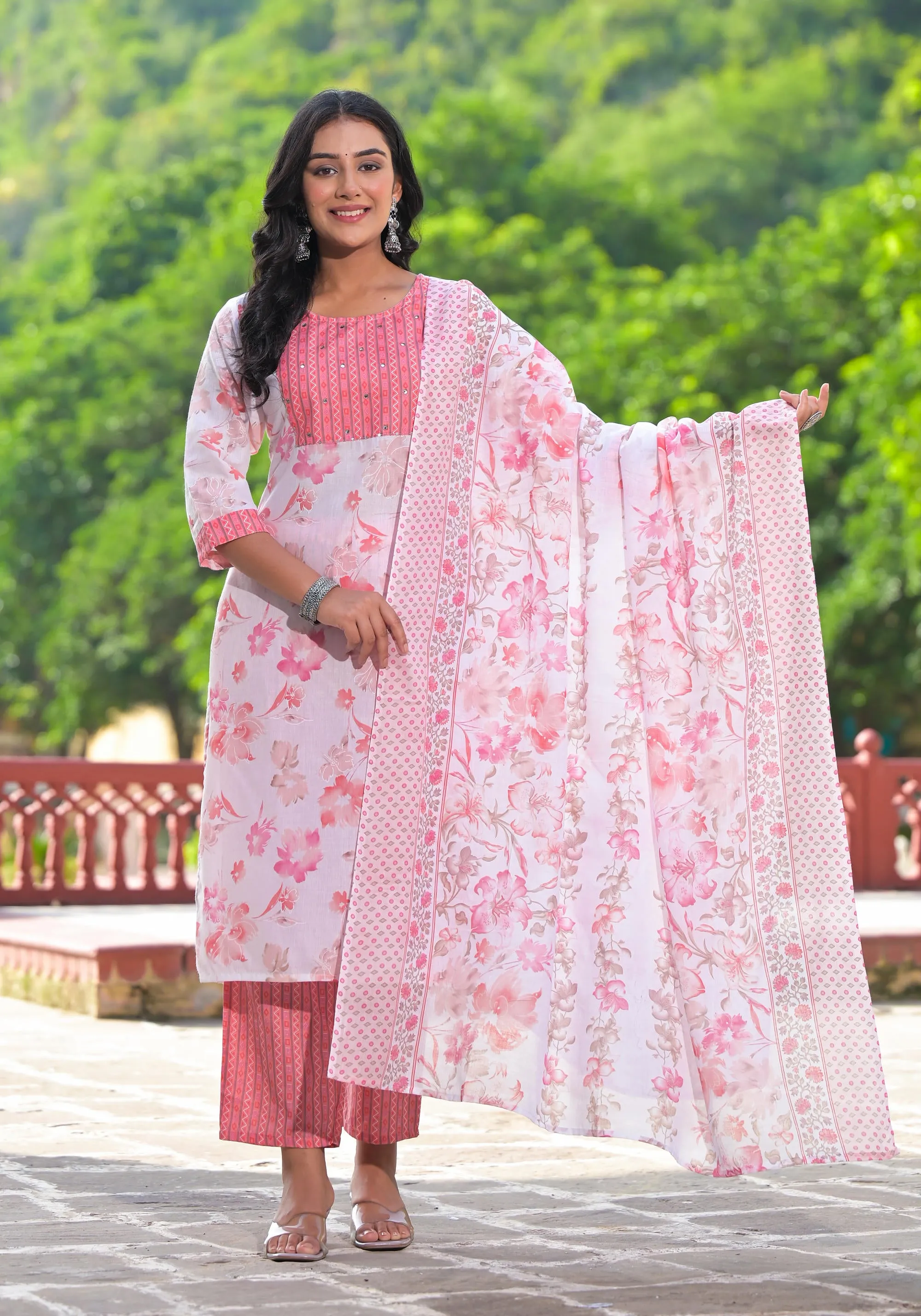 Peach Floral Printed Cotton Kurta Pant With Dupatta Set With Sequins & Mirror Work