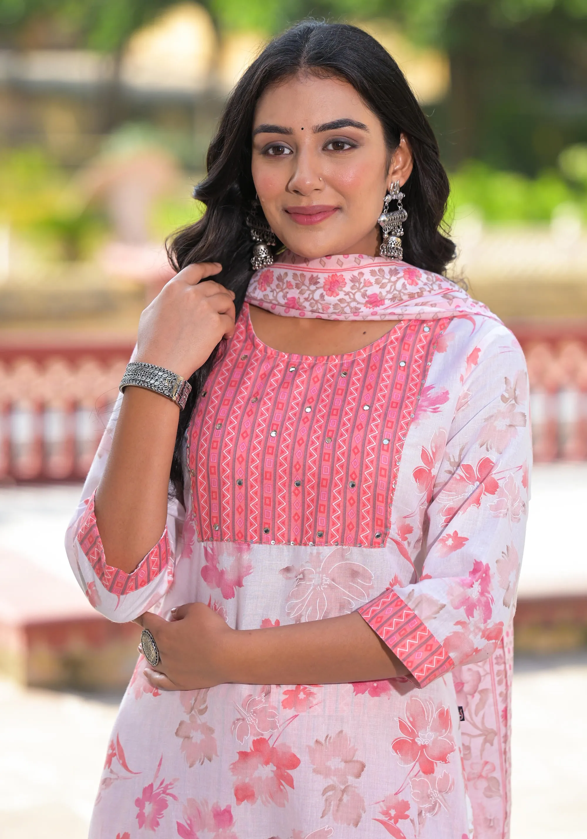 Peach Floral Printed Cotton Kurta Pant With Dupatta Set With Sequins & Mirror Work