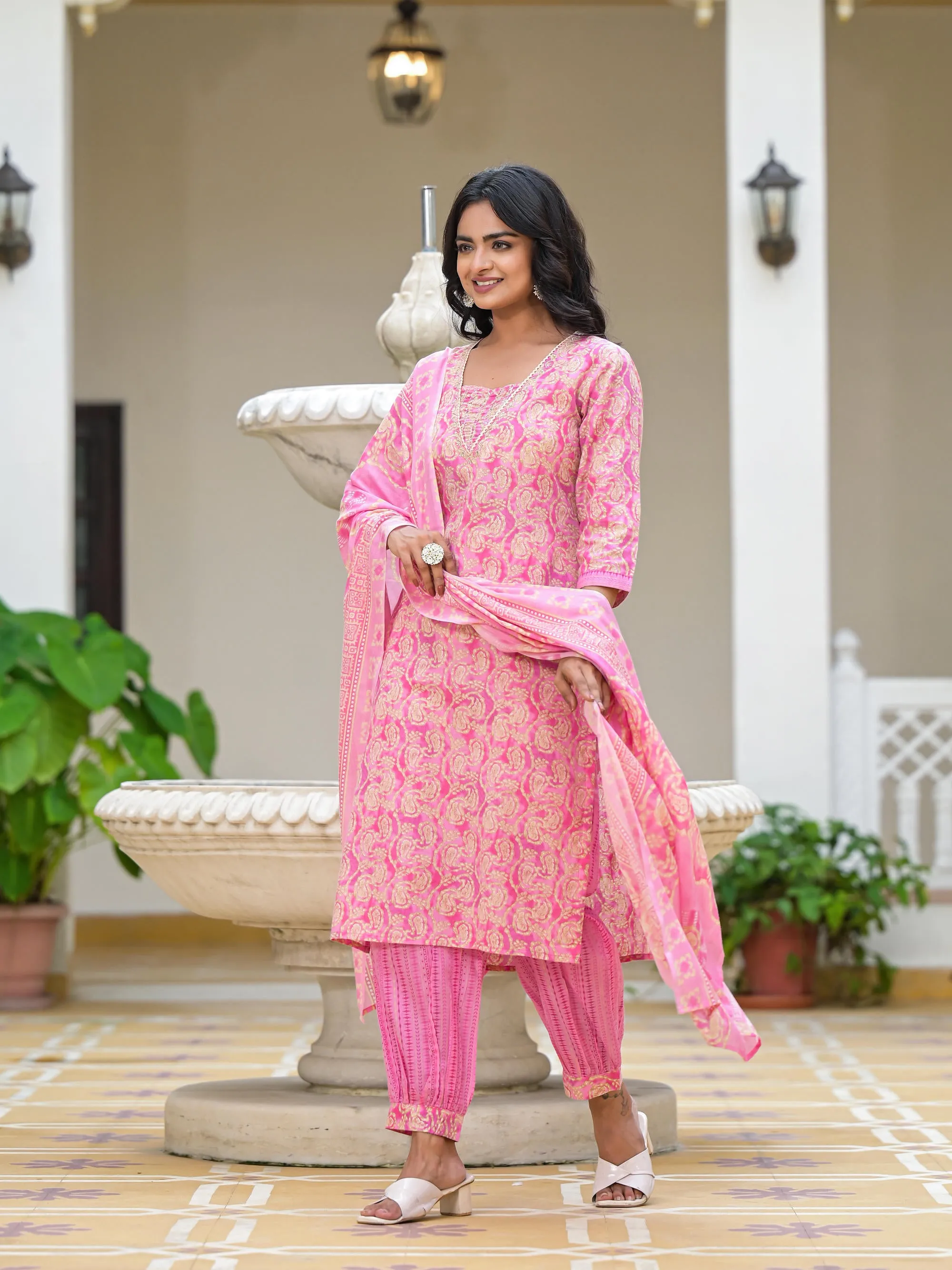 Pink Ethnic Motif Printed Cotton Kurta Pant With Dupatta Set With Sequins & Lace