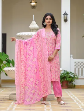 Pink Ethnic Motif Printed Cotton Kurta Pant With Dupatta Set With Sequins & Lace