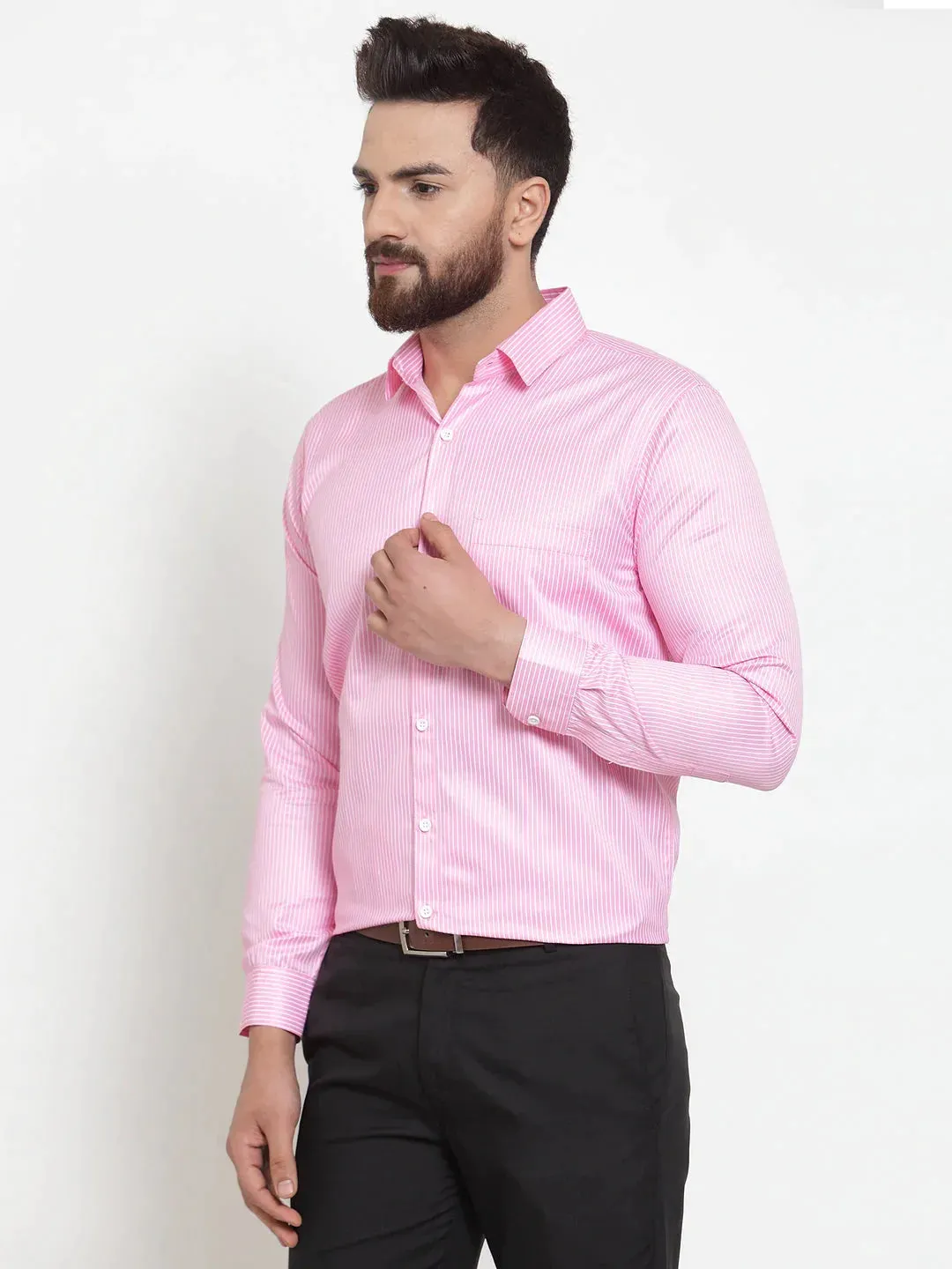 Pink Men'S Cotton Stiped Formal Shirts