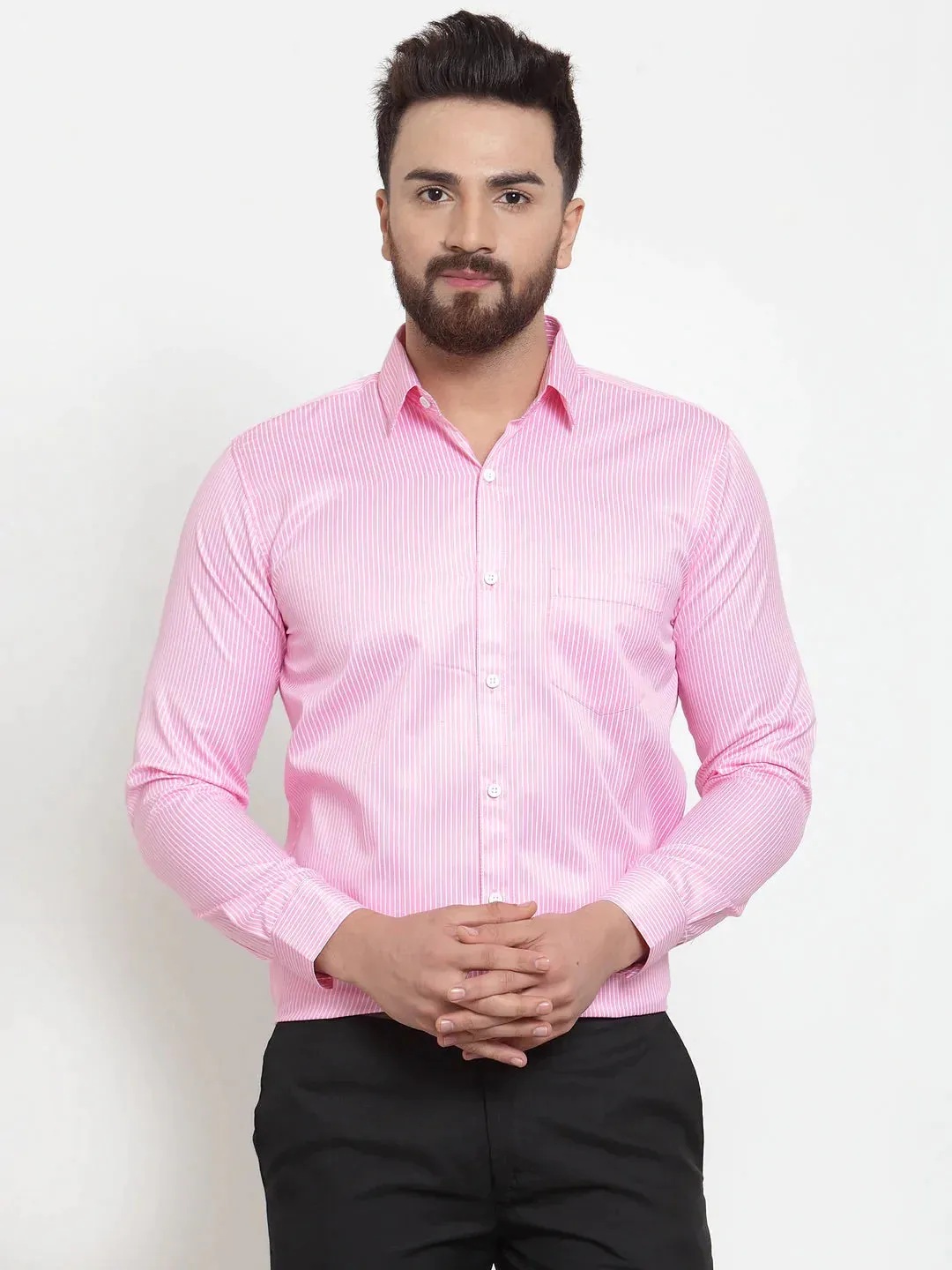 Pink Men'S Cotton Stiped Formal Shirts