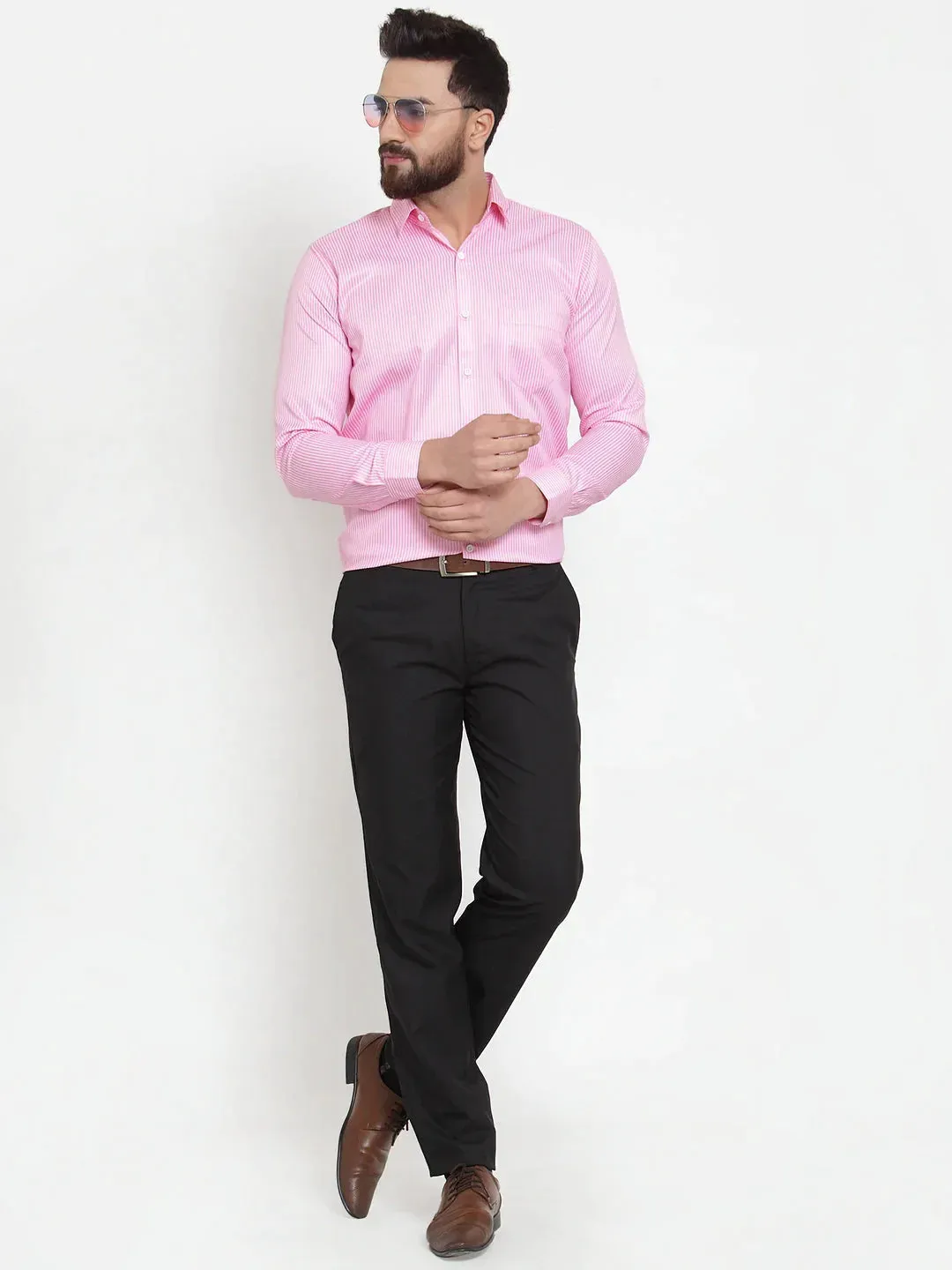 Pink Men'S Cotton Stiped Formal Shirts