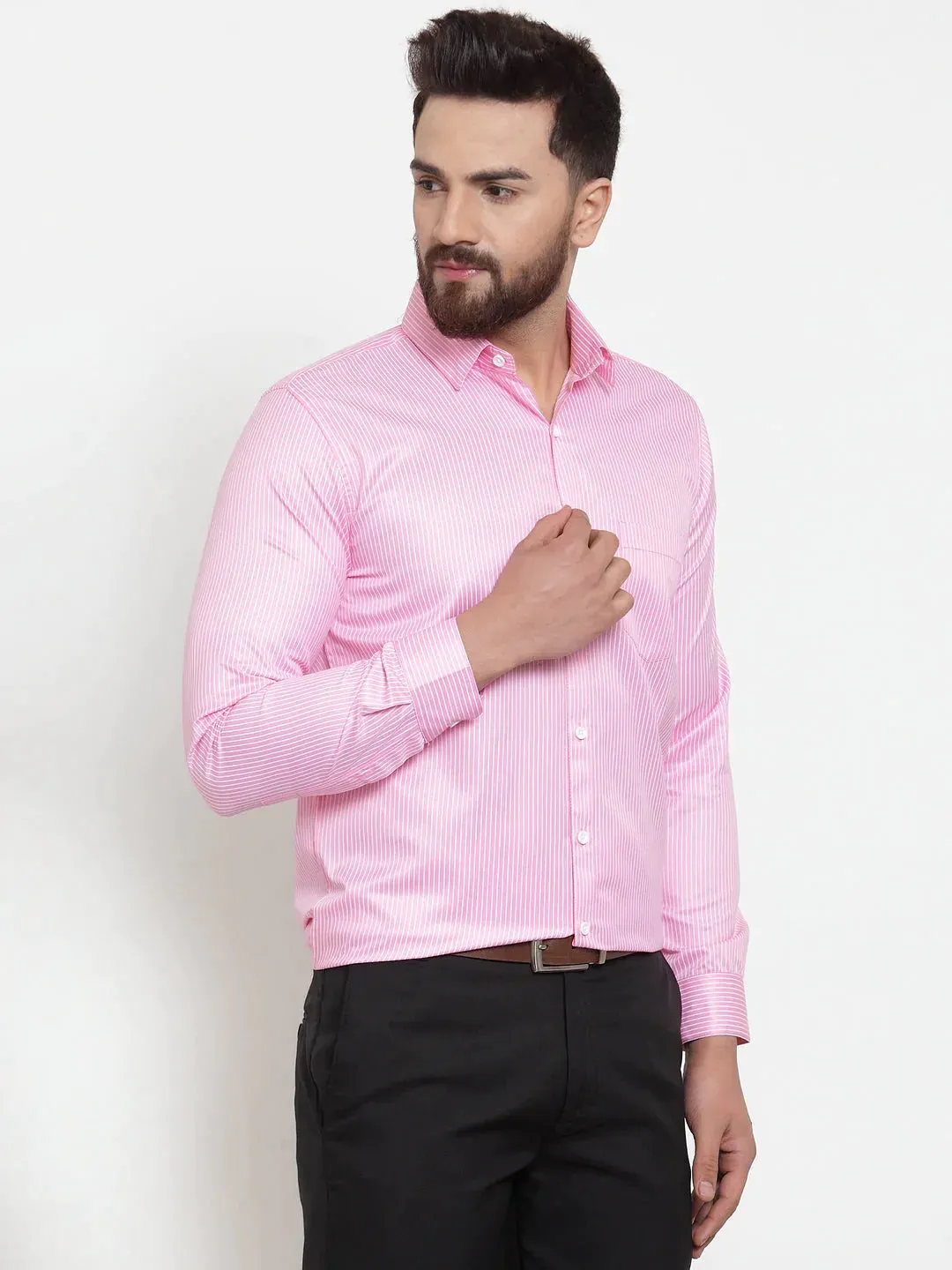 Pink Men'S Cotton Stiped Formal Shirts