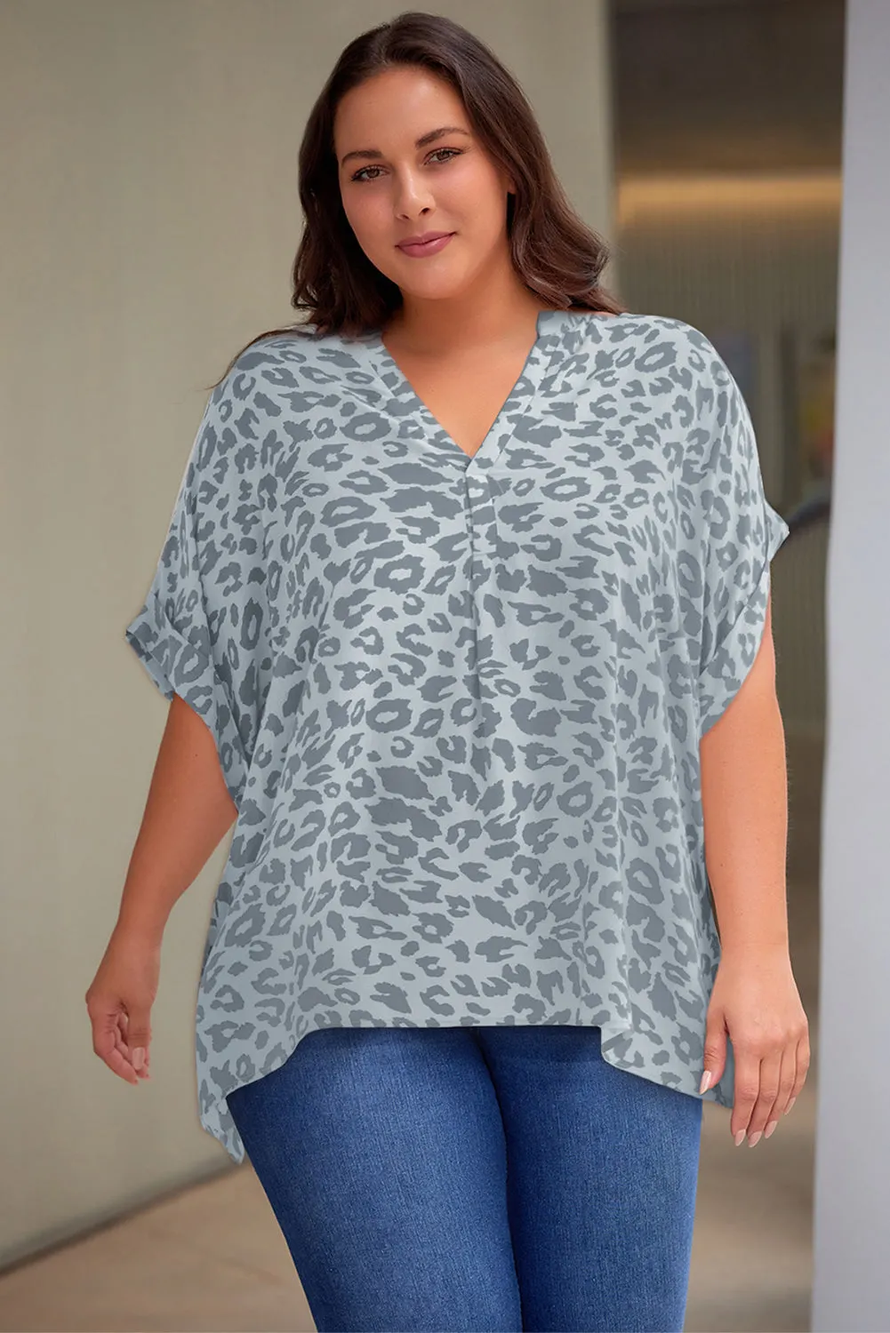 Plus Size Printed Notched Neck Half Sleeve Top