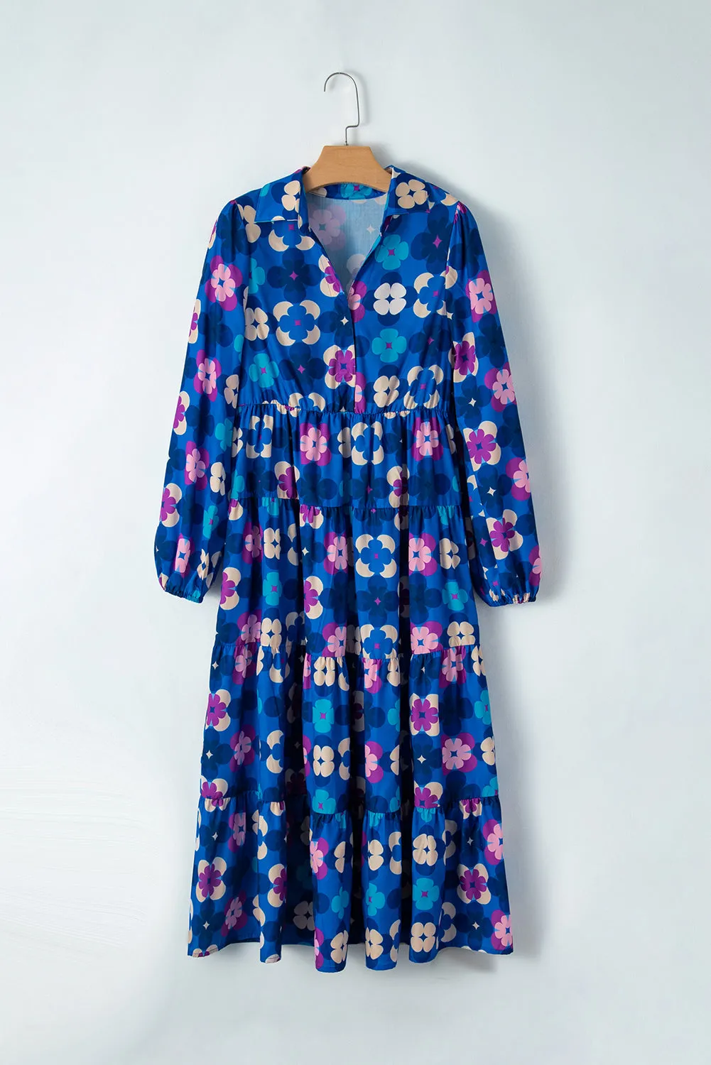 Printed Collared Neck Long Sleeve Midi Dress