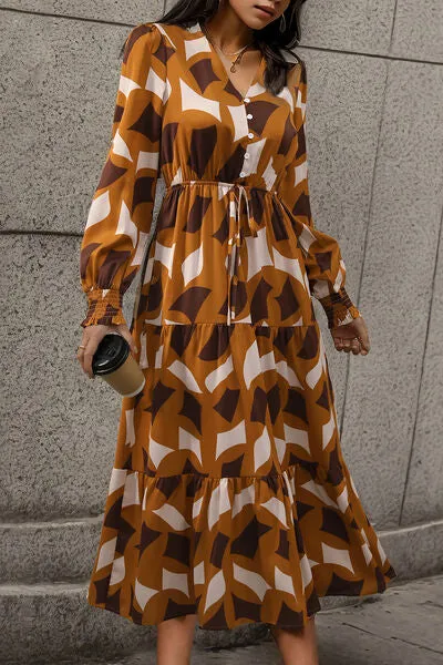 Printed Tied Pocketed Lantern Sleeve Dress