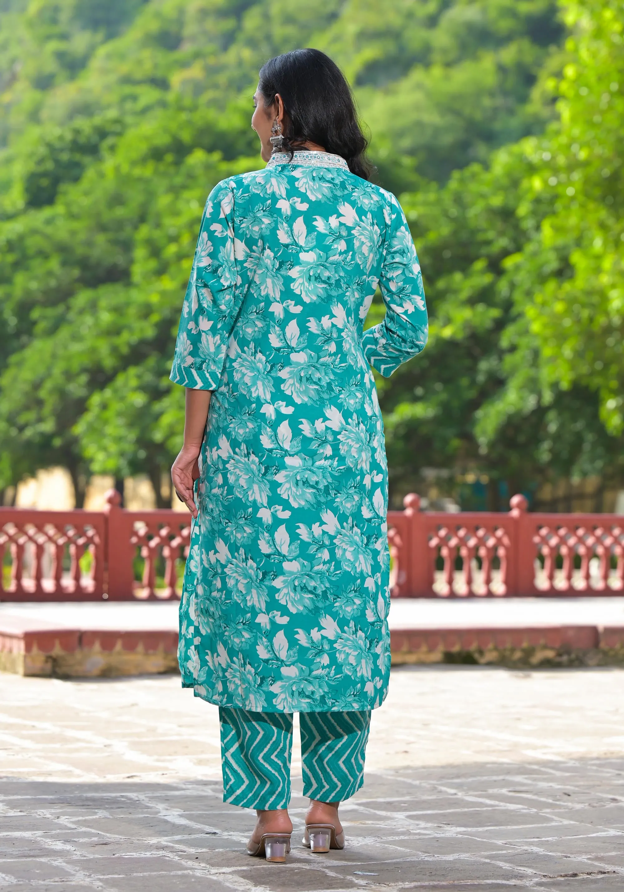 Rama Green Floral Printed Cotton Kurta Pant With Dupatta Set With Mirror Work & Zari Work