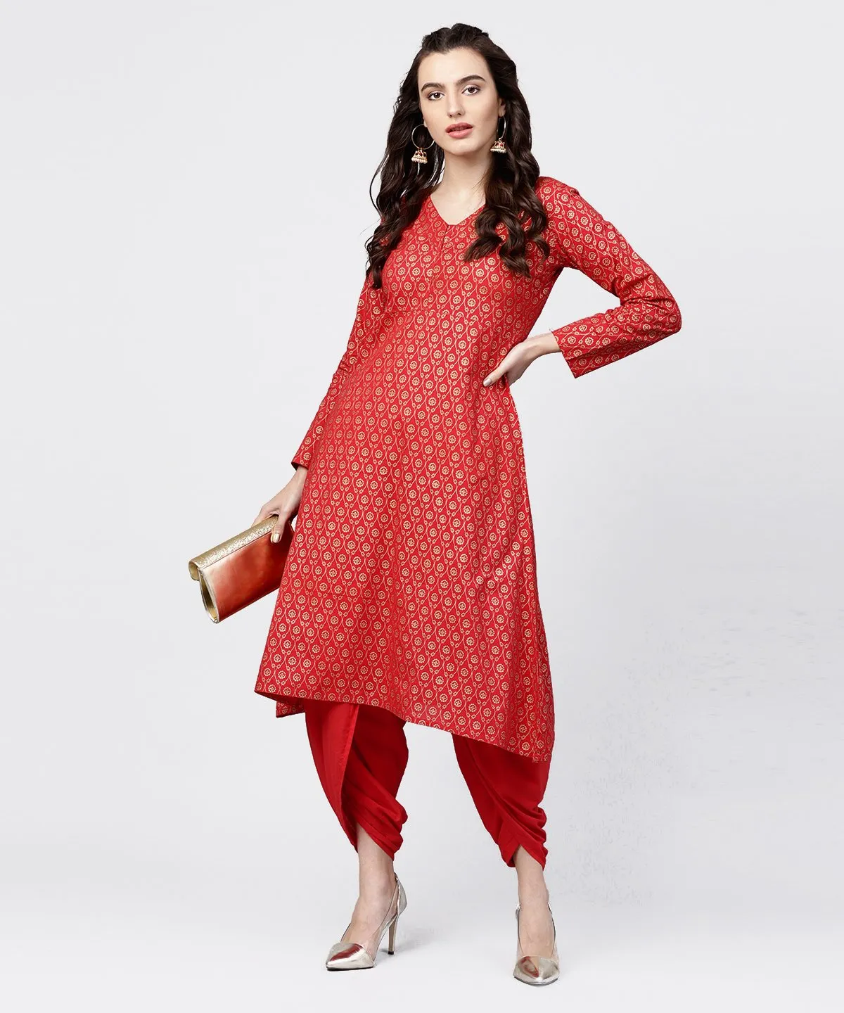 Red Printed 3/4Th Sleeve A-Line Cotton Kurta With Solid Dye Dhoti Pant Set