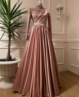 Rose Gold Silver Prom Dress Long Sleeves Dubai Evening Dresses Muslim Women Wedding Party Gowns 2025 Elegant Silver Grey Arabic Engagement