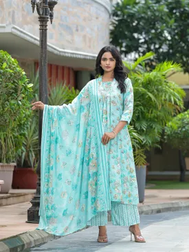 Sea Green Floral Printed Cotton Kurta Palazzo With Dupatta Set With Sequins