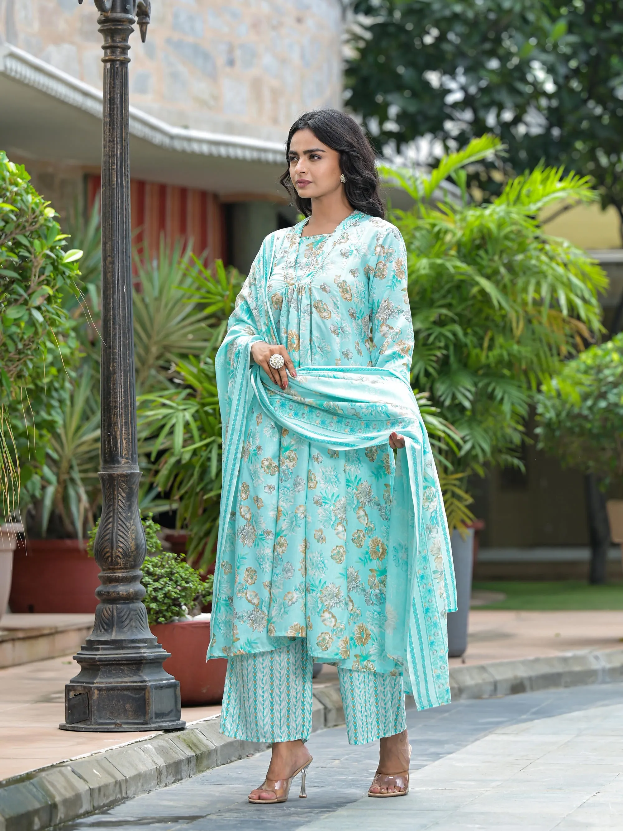 Sea Green Floral Printed Cotton Kurta Palazzo With Dupatta Set With Sequins