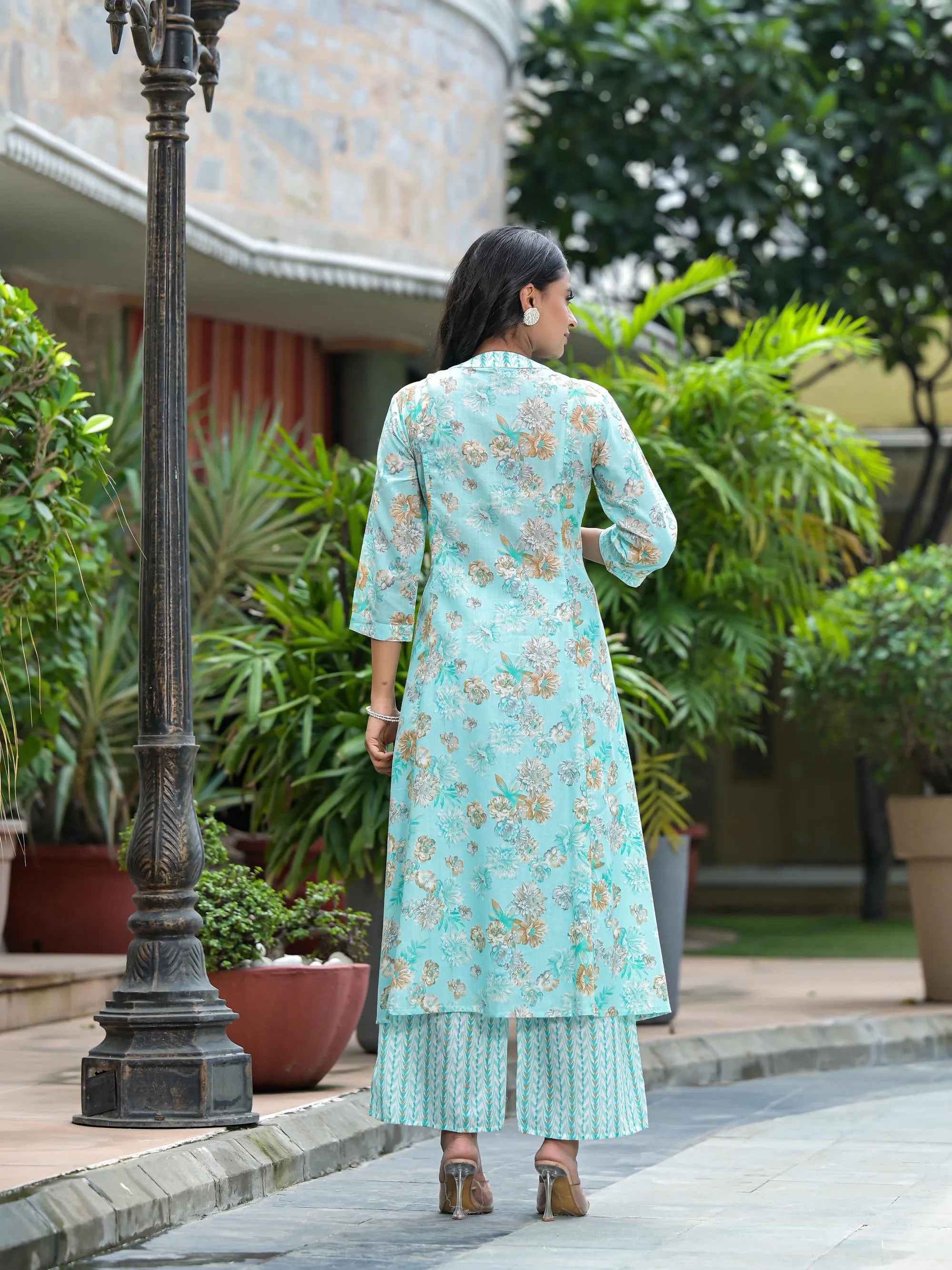 Sea Green Floral Printed Cotton Kurta Palazzo With Dupatta Set With Sequins