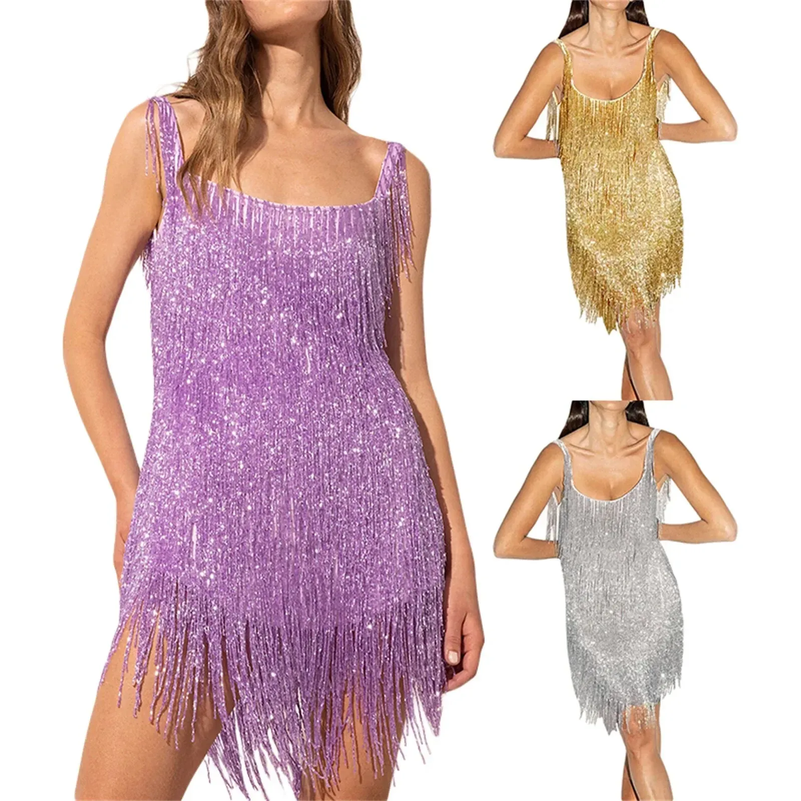 Sling Solid Color Sleeveless Halter Sequins Tassel Bling Bling Chic Evening Clubwear Summer Short Dress