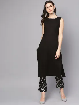 Solid Black Sleeveless Kurta Set With Printed Pants