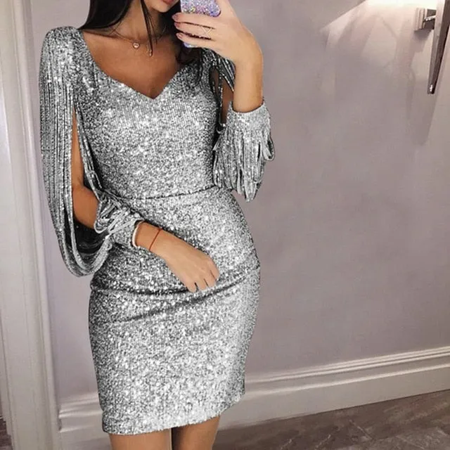 Tassel Sleeve V-Neck Stylish Party Dress