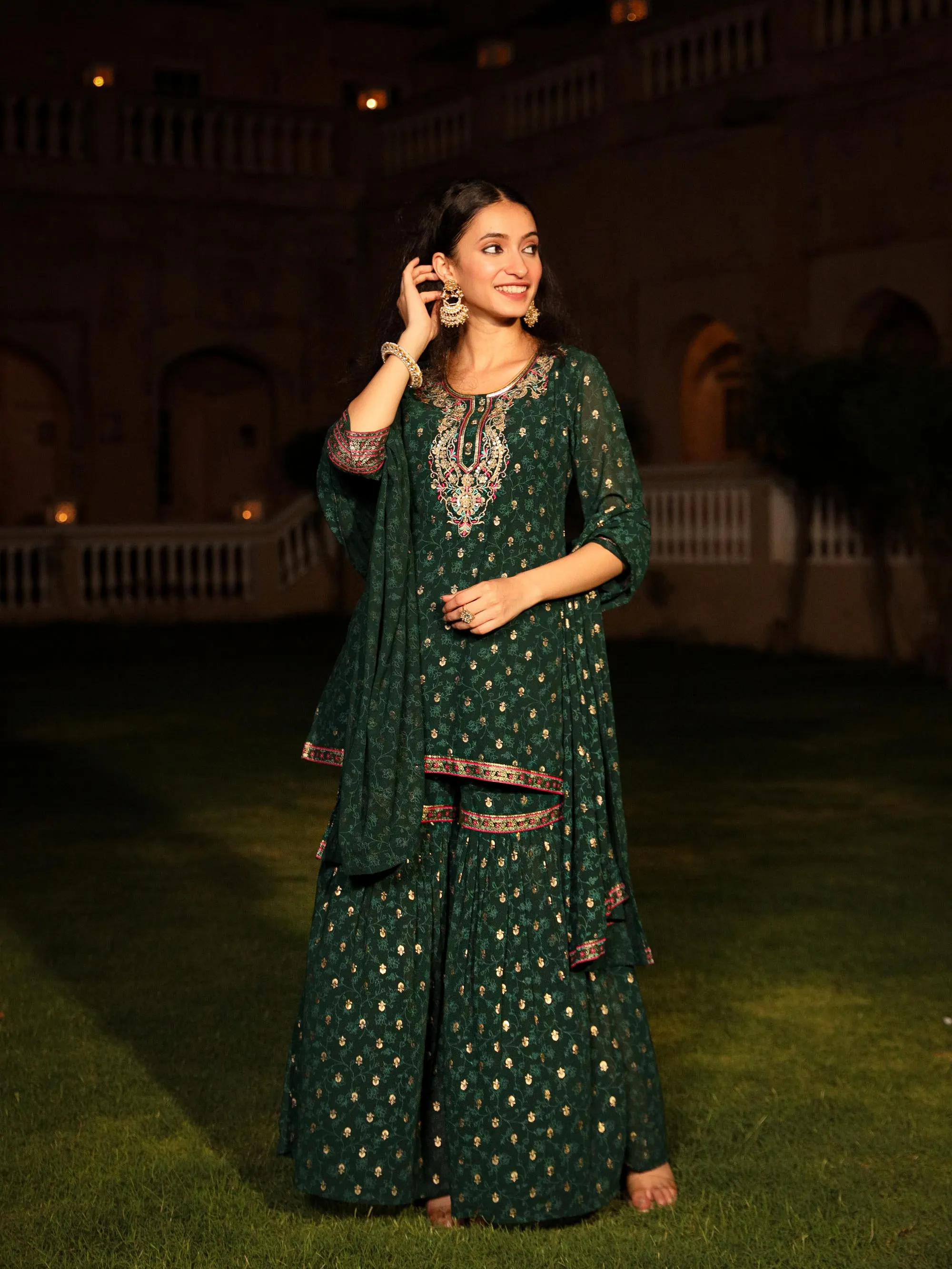 The Swarn Jade Green Ethnic Motif Printed Georgette Kurta Pant And Dupatta With Sequins & Zari Work