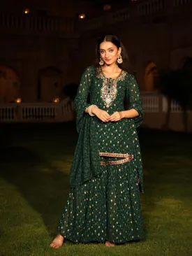 The Swarn Jade Green Ethnic Motif Printed Georgette Kurta Pant And Dupatta With Sequins & Zari Work