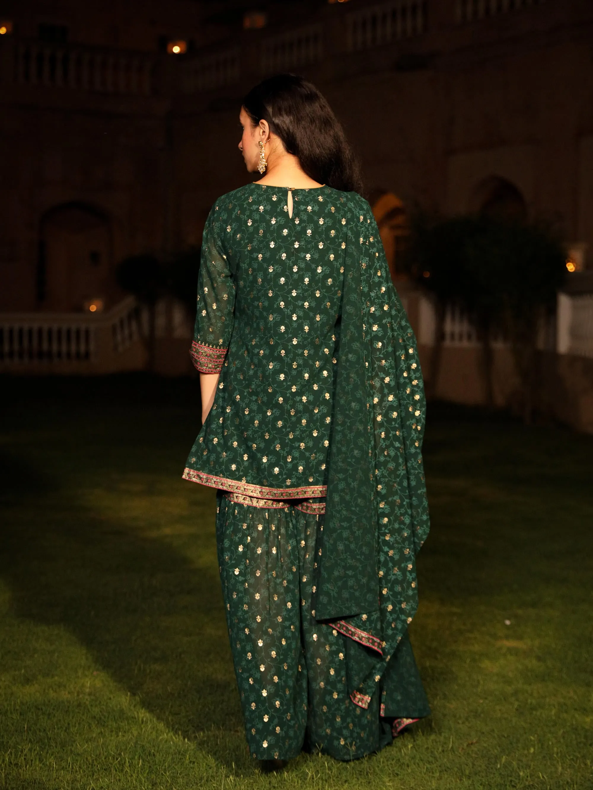 The Swarn Jade Green Ethnic Motif Printed Georgette Kurta Pant And Dupatta With Sequins & Zari Work