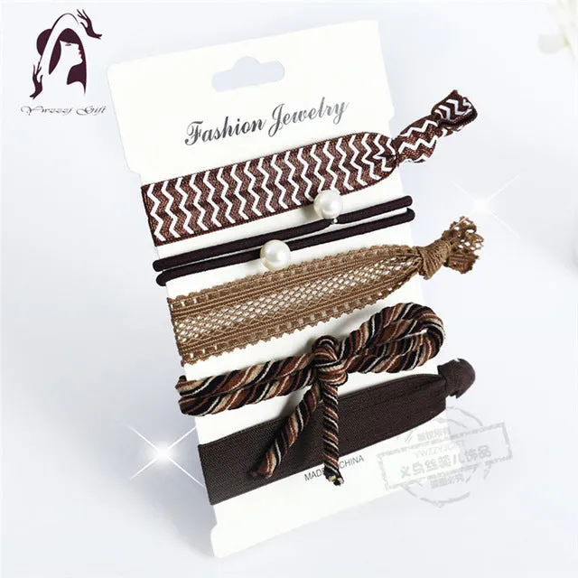 Trendy Summer Elastic Women Hair Accessories Tassel Hairband Jewelry Hand Band For Girls 5PCS/Pack Hair Tips Headwear Hair Bands