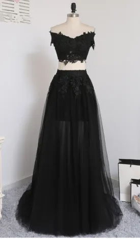 Two Pieces A-line V-neck Cap Sleeves Tulle Lace Slit Long Women Prom Dresses Prom Evening Gown