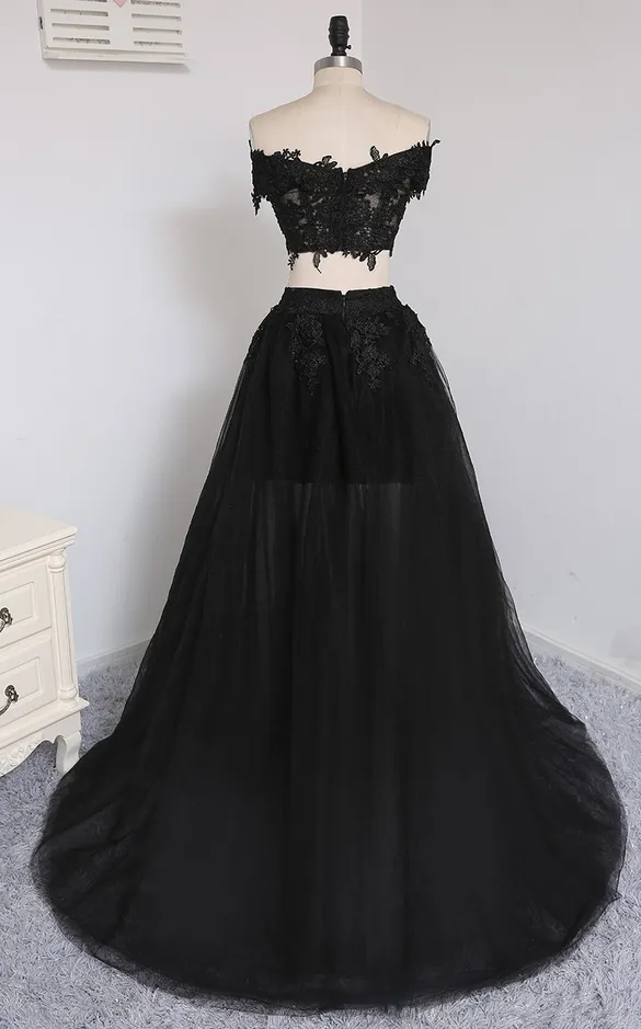 Two Pieces A-line V-neck Cap Sleeves Tulle Lace Slit Long Women Prom Dresses Prom Evening Gown