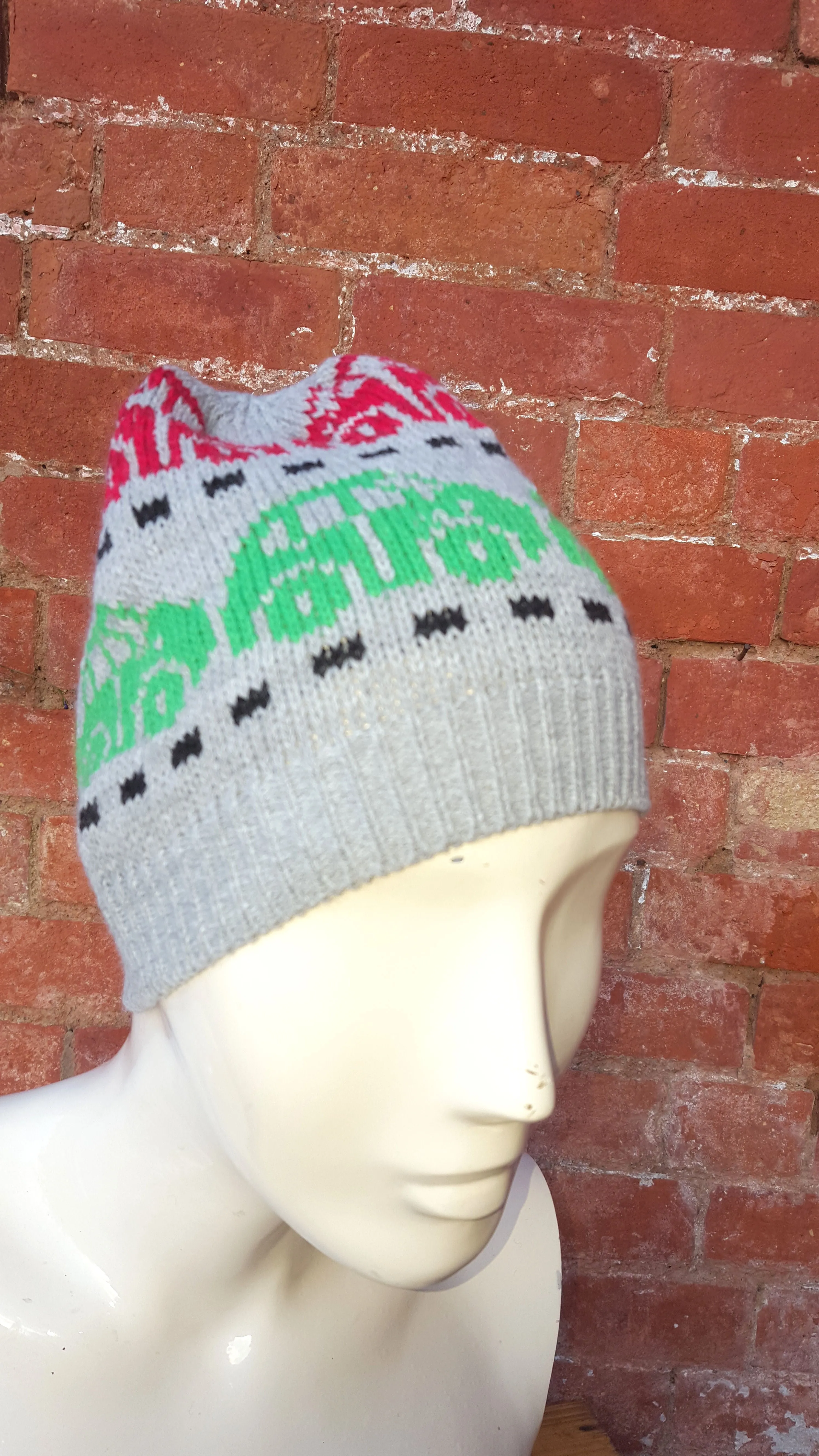 Unisex,  girl or boys car motif beanie, grey, red, black and green fair isle. one size fits all