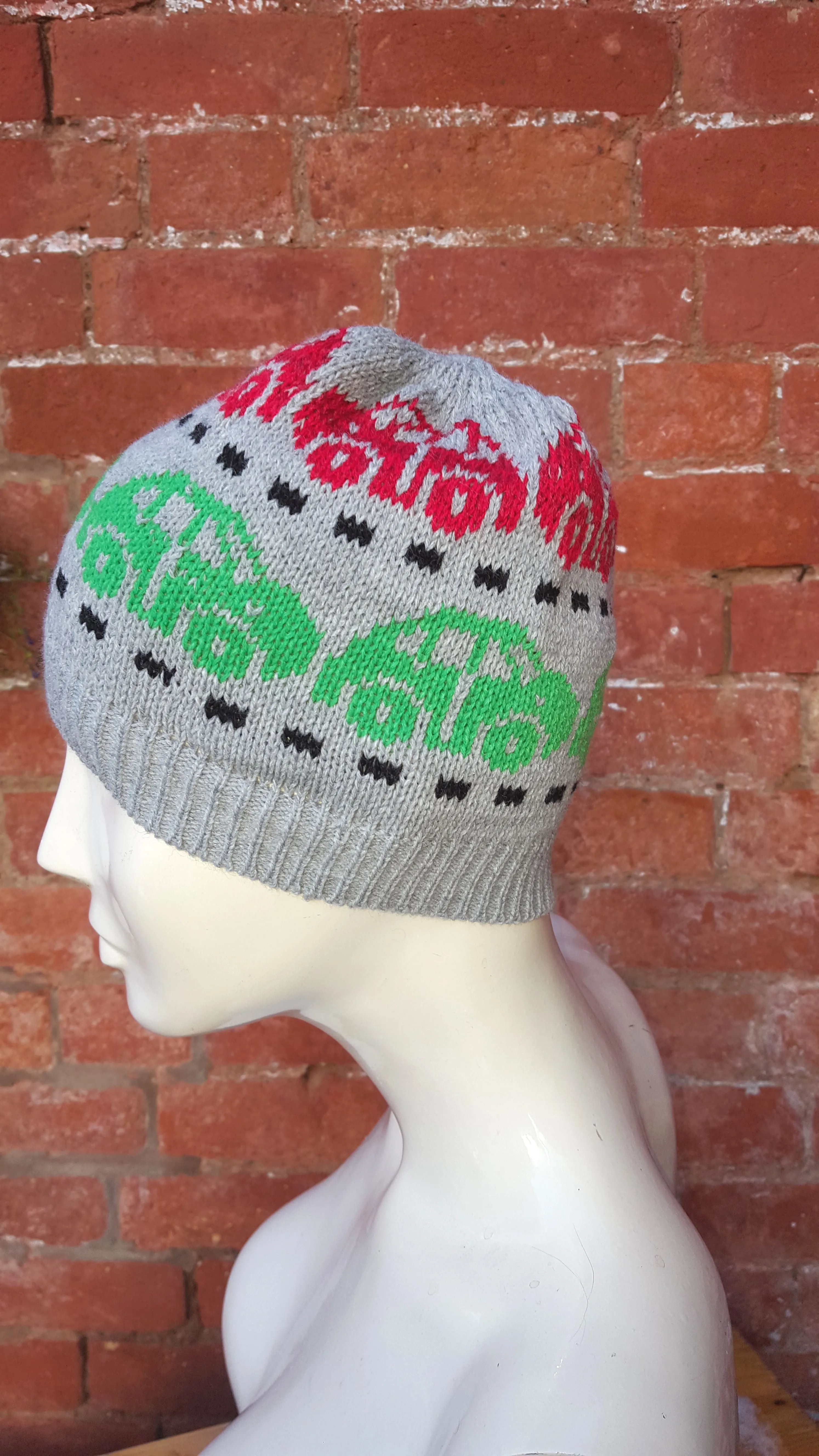 Unisex,  girl or boys car motif beanie, grey, red, black and green fair isle. one size fits all