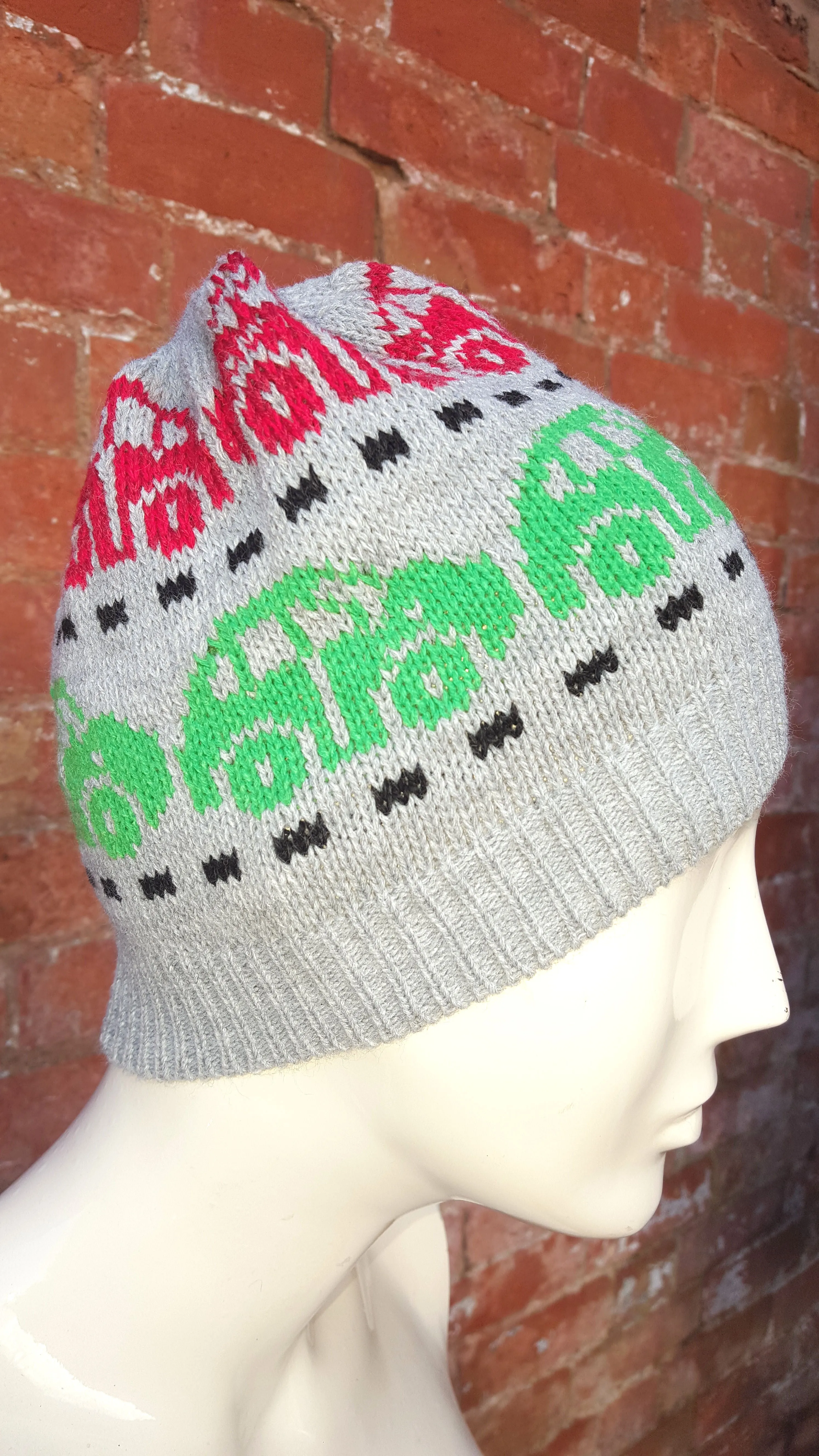 Unisex,  girl or boys car motif beanie, grey, red, black and green fair isle. one size fits all