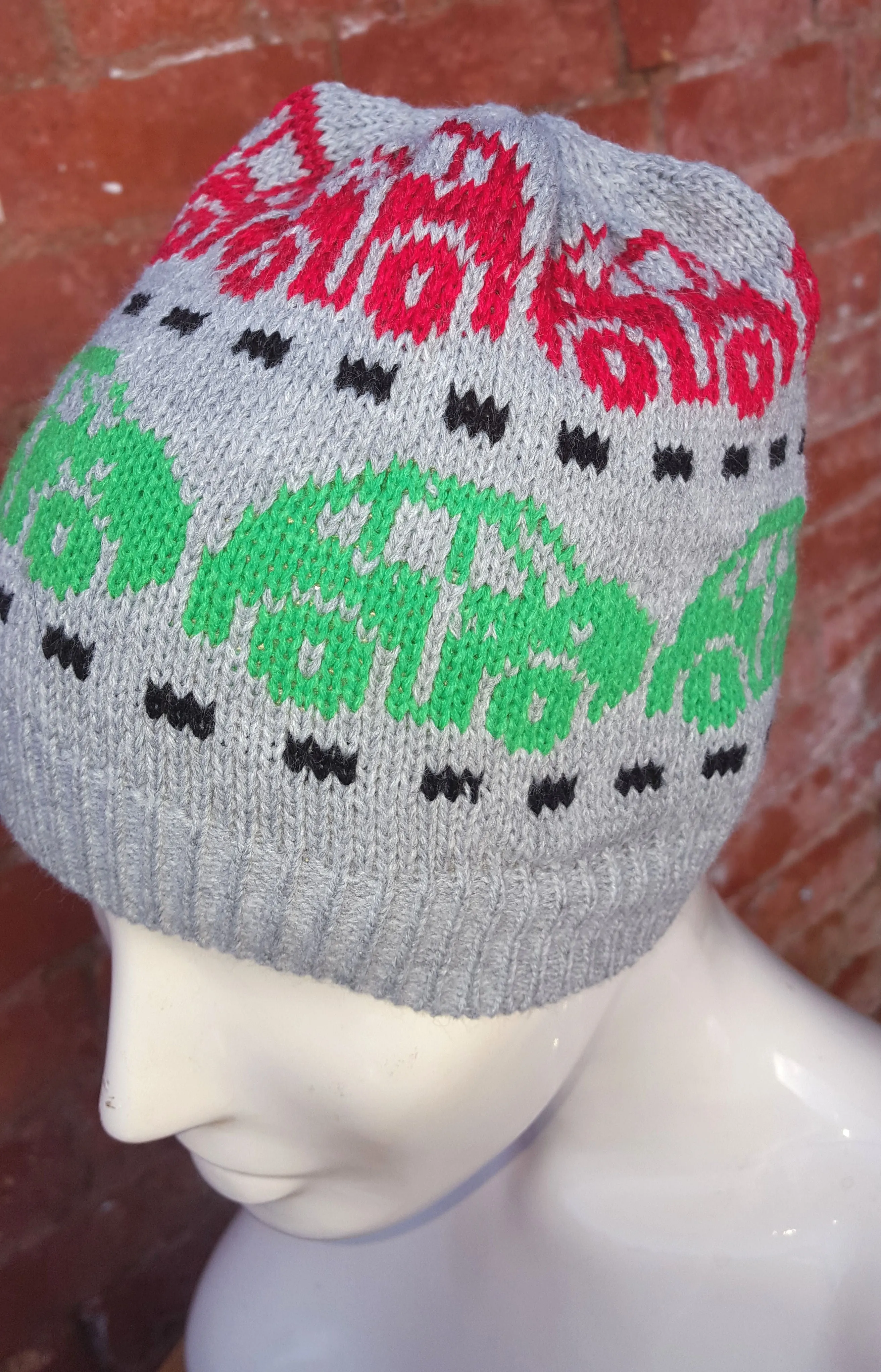 Unisex,  girl or boys car motif beanie, grey, red, black and green fair isle. one size fits all