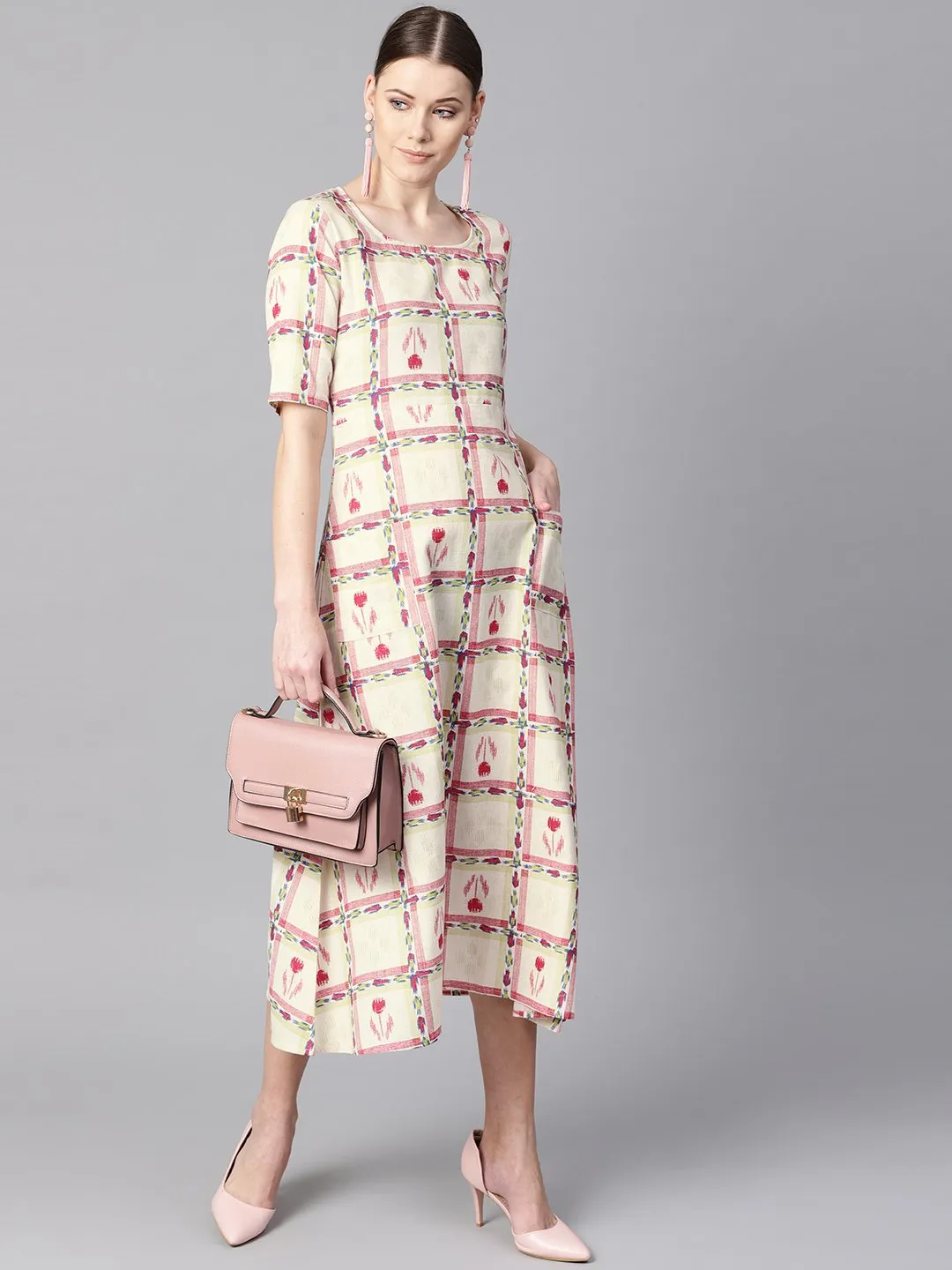 White Floral Ikat Print Square Neck Aline Dress With Front Pockets.