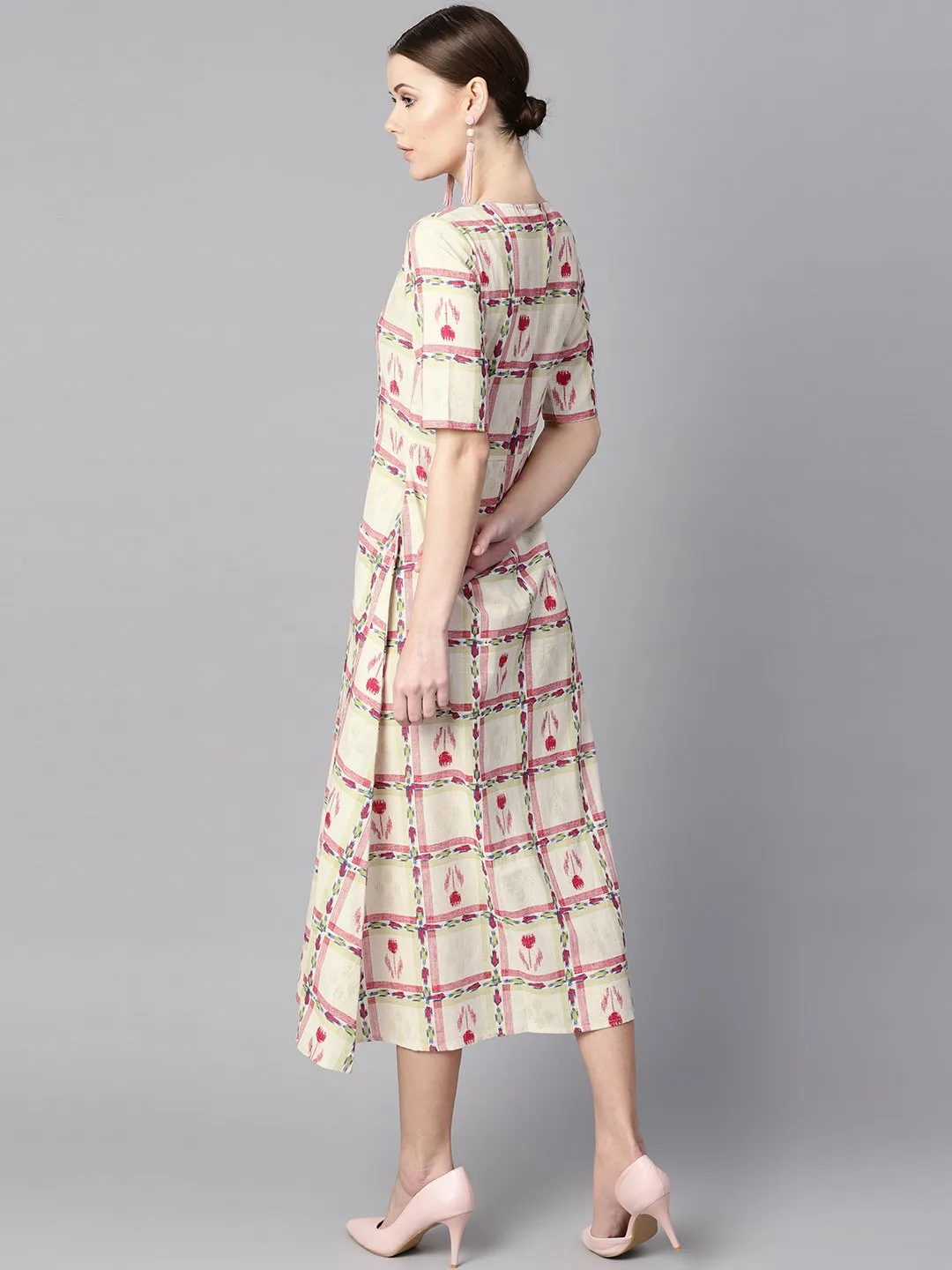 White Floral Ikat Print Square Neck Aline Dress With Front Pockets.