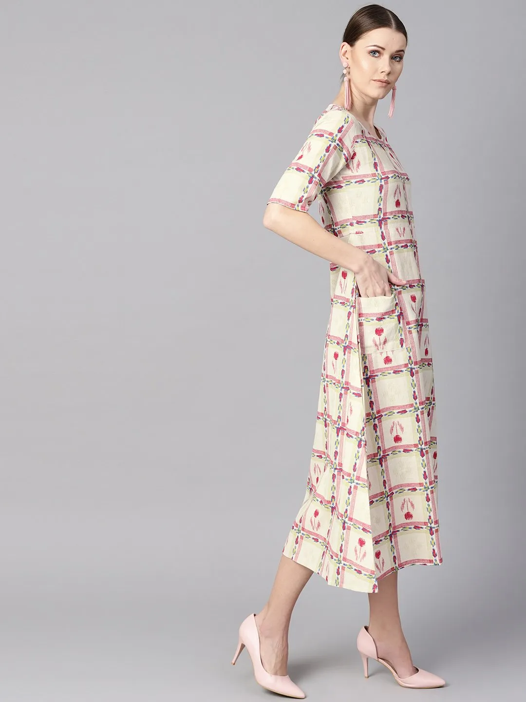 White Floral Ikat Print Square Neck Aline Dress With Front Pockets.