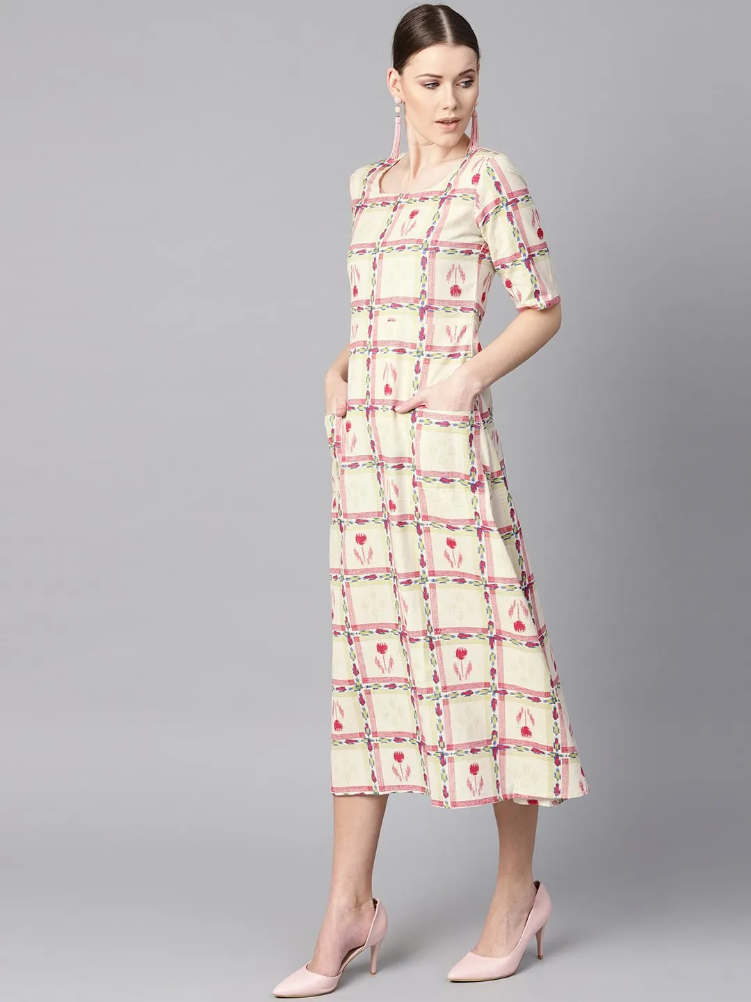 White Floral Ikat Print Square Neck Aline Dress With Front Pockets.